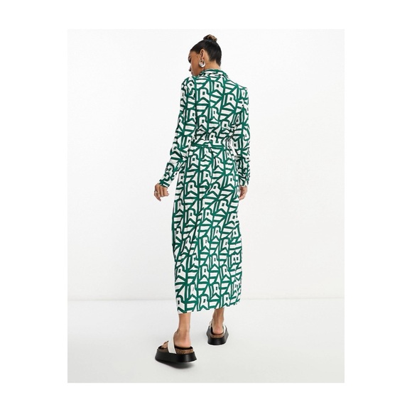 🆕 River Island Geo Printed Belted Shirt Dress in Green - Picture 3 of 5